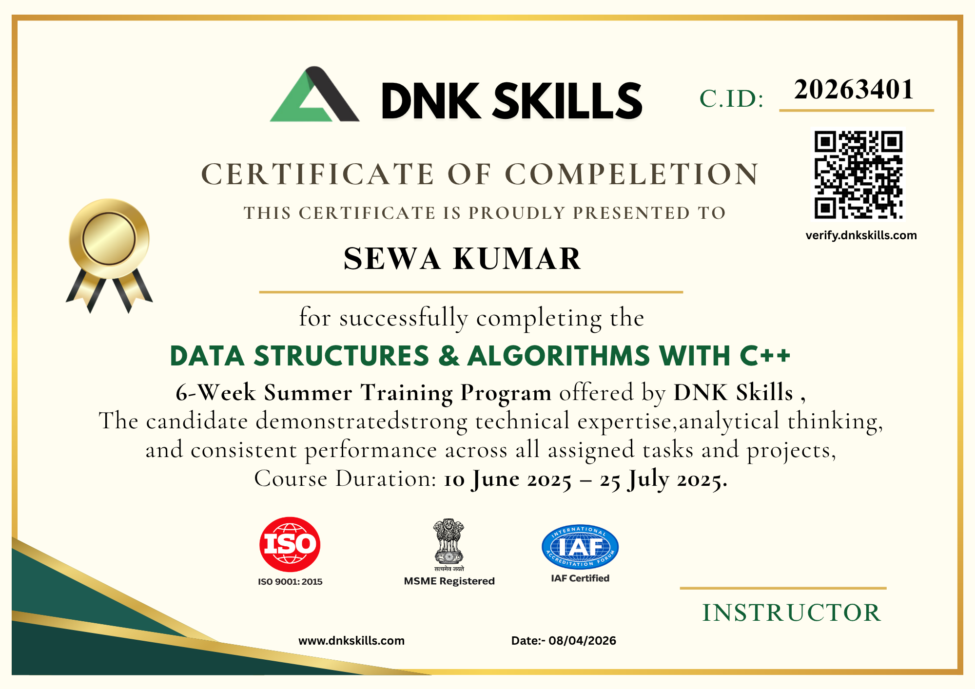 DNK Skills Certificate of Completion